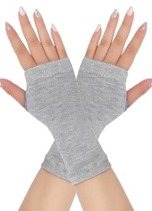 Мітенки без пальців короткі однотонні світло-сірі one size довжина 15 см 6230 бавовняні меланжеві митенки з отвором для великого пальця