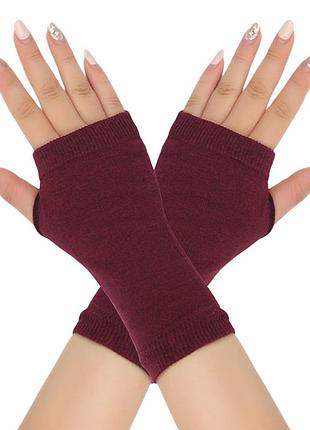 Мітенки короткі без пальців трикотажні бордові one size 6205 довжина 15 см бавовняні митенки з отвором для великого пальця вишневі нарукавники