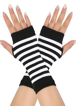 Митенки короткие без пальцев полосатые черно-белые one size 6251 длина 17 см хлопковые с отверстием для большого пальца мытенки в полоску