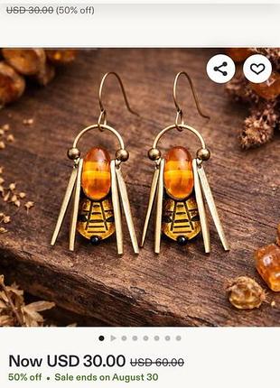 Необычные винтажные серьги bee, amber insect, медовые пчелы, янтарные серьги (имитация), бурштин, бурштинові сережки (імітація)