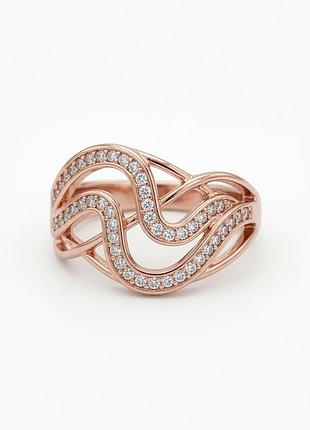 Каблучка "хвиля" (wave ring) — медичне золото, рожеве покриття, білі фіаніти xuping