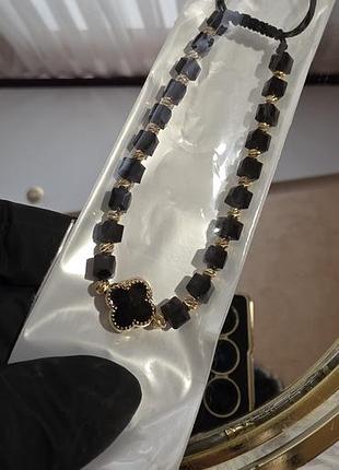 Женский браслет в стиле van cleef черного цвета с клевером, сталь не темнеет.