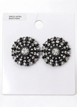 Сережки-гвоздики h&m з кристалами | чорні круглі сережки 3 см | statement earrings