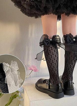 Детские ажурные 11-010 черные гольфы сеточка с фатиновым бантом и бусинкой от 3-х рочков