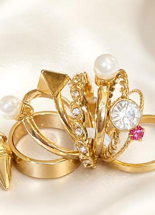 Набір каблучок divided by h&m | 9 золотистих каблучок з перлинами та кристалами | stackable rings