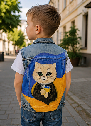 Розпис дитячої джинсовки на замовлення, котик зсу. ручний розпис.