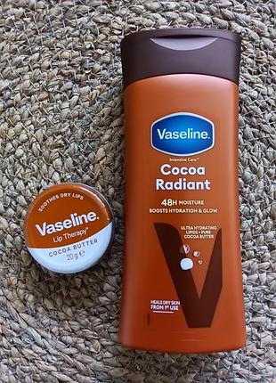 🍫 набор vaseline с маслом какао увлажняющее молочко для тела + бальзам для губ