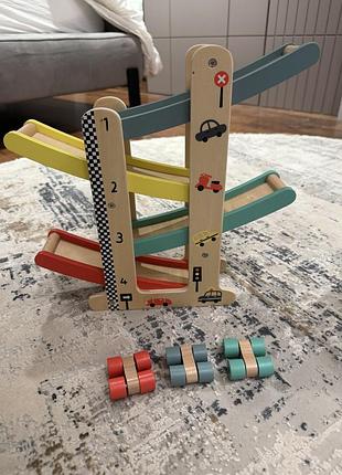 Дерев’яний автотрек з машинками гоночна траса montessori
