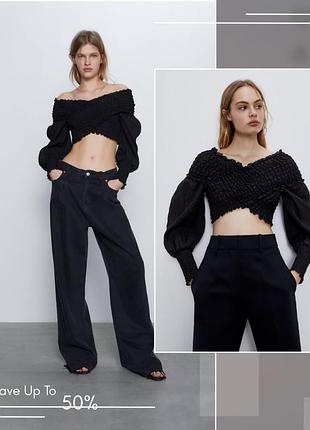 Стильна укорочена блуза топ zara рюша резинка відкриті плечі балон