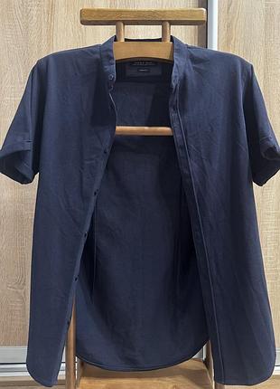 Темно-синя сорочка zara man із коміром-стійкою (slim fit, 100% бавовна)