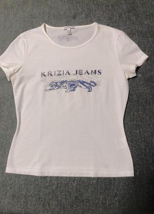 Це вінтажна біла футболка krizia jeans з синім леопардом розмір s