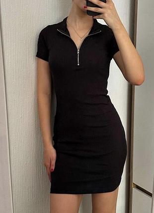 Женское черное коттоновое облегающее платье-резинка в рубчик xs (34-36)