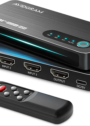 Автоматичний перемикач hdmi 2.1 switch avidgram 3-в-1 (8k@60hz, 4k@120hz, 48gbps, іч-пульт)