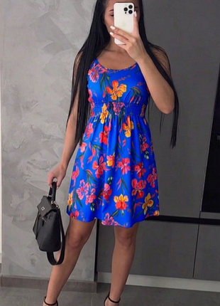 Летнее платье💙 летний сарафан 💚 яркий цветочный принт 🌺 сарафан shein с эластичной талией 👗 летний женский сарафан меди ☀️ платье на бретелях m /l