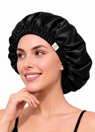 Сатинова шапочка для сну yanibest satin bonnet з резинкою, чорна, розмір l
