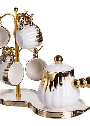 Кофейный сервиз на подставке с кофейником 450 (мл) 6 чашек по 90 (мл) подарочный набор чашек на подставке белый с золотом fm-jj-5