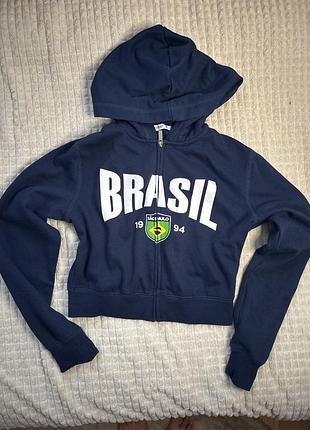 Жіноче вкороче brasil hoodie  з принтом ззаду синього коліру xs
