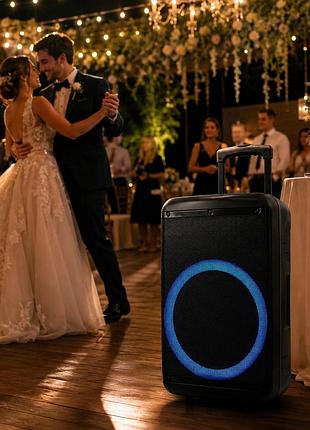 Портативна акустика 60вт з bluetooth, tws, fm та двома мікрофонами / переносна колонка-валіза для караоке