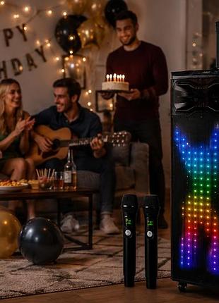 Вертикальная акустическая система на колесиках с двумя микрофонами 2000 вт / портативная музыкальная колонка для выступлений
