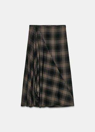 Юбка женская zara xl 50р., миди, в клетку, вискоза коричневая