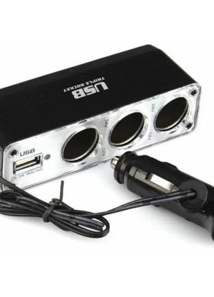 Разветвитель прикуривателя dc на 3 гнезда с usb 12v wf-0096