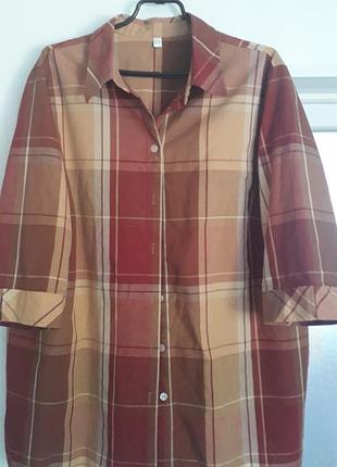 Батал 50/xl/58
женская рубашка с рукавами 3/4 в коричнево бордовую клетку на пуговицах по всей длине
60% бавовна 
идеальное состояние (состояние новой вещи