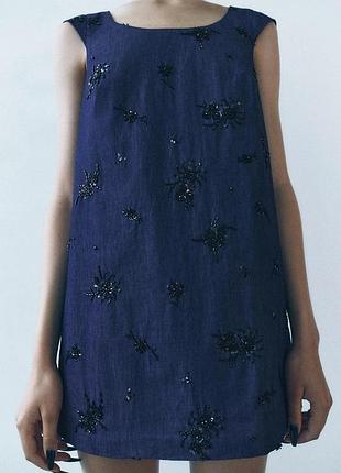 Джинсова мінісукня zara з вишивкою та паєтками (нова)