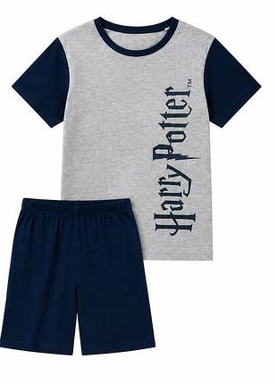 Детская пижама harry potter для мальчика, футболка и шорты, 134/140, серо-синяя, 100% хлопок