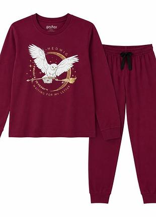 Детская пижама harry potter hedwig для девочки, лонгслив и штаны, бордовая, 146/152, 100% хлопок