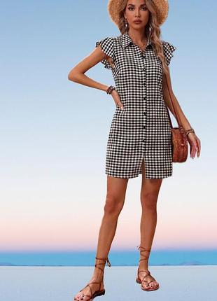 Сукня жіноча коротка літня dkny м на гудзиках з крильцями 52% котон легке зручне плаття-халат в клітинку чорний білий