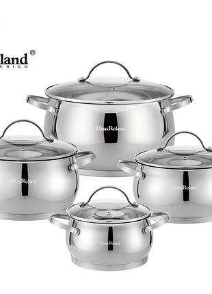 Набор кастрюль haus roland hr114-2, 4 шт из нержавеющей стали 1,9/2,7/3,6/6,1 л. серебристый (hr114-2)