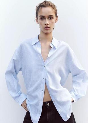 Жіноча лляна блакитна сорочка в смужку оверсайз zara розмір xs-s