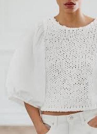 Комбінований трикотажний светр zara з об'ємними рукавами та бавовняною основою.