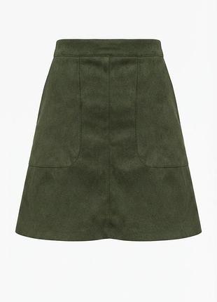 Зеленая мини-юбка primark под замшу / короткая юбка хаки трапециевидного кроя размер uk 14 / eu 42