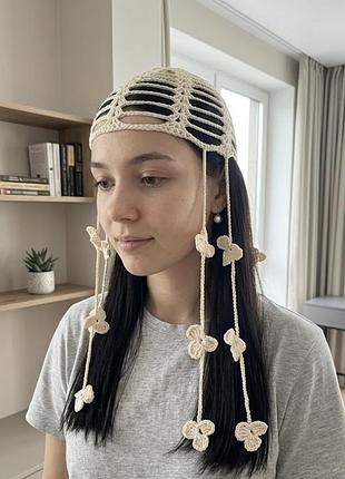 Шапка кроше з квітками, handmade, трендова шапка  молочна