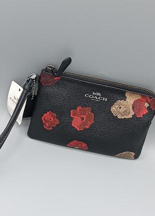 Винтажный черный цветочный кожаный ростлет на молнии coach клатч