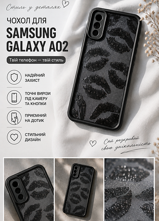 Чехол для samsung galaxy a02.стан хорош. цвет - черный с серыми переливами и стильным принтом губ. чехол имеет все необходимые вырезы для всех дирок