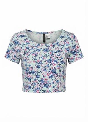 Женский укороченный топ h&m с цветочным принтом / хлопковая футболка в цветочек размер l