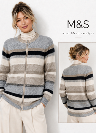 M&s кофта-кардиган на молнии из смесовой шерсти в полоски