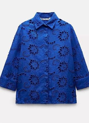 Синя сорочка з вишивкою блуза zara оригінал collection embroidered electric blue