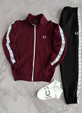 Спортивный костюм fred perry бордовый/черный с лампасами кофта на молнии + штаны s / m / l / xl / xxl