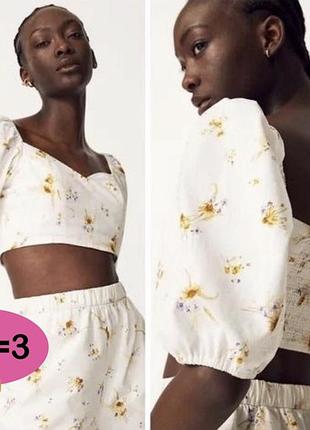 Лляний жіночий білий кроп-топ   h&m із квітковим принтом та об'ємними рукавами