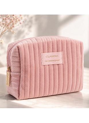 Косметичка clarins оксамитова рожева | дорожній органайзер для косметики | оригінал косметичка рожева нова