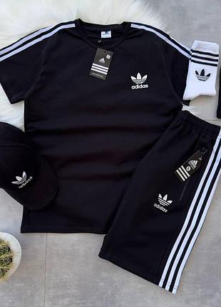 Набір adidas на літо футболка чорна адідас + шорти + кепка xs / s / m / l / xl / xxl / xxxl