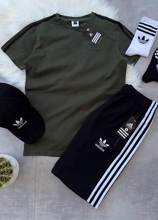 Костюм спортивний чоловічий хакі adidas  кепка + футболка адідас + шорти xs / s / m / l / xl / xxl / xxxl