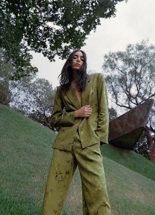Жакардові зелені штани zara прямого крою 3258/565/500/xl