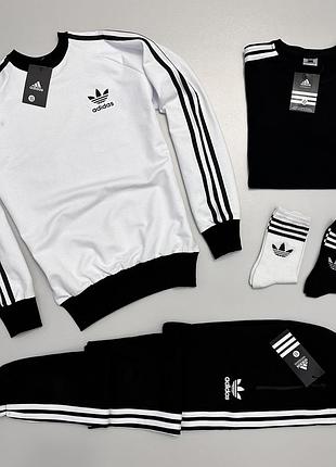 Спортивний костюм adidas білий світшот адідас + штани чорні + футболка xs / s / m / l / xl / xxl / xxxl
