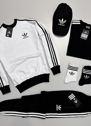Чоловічий спортивний костюм adidas білий/чорний з футболкою та кепкою весна/літо/осінь