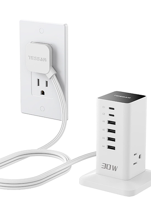 Зарядная станция tessan 30 вт usb для нескольких устройств, 9-в-1 usb-зарядное устройство | настольные аксессуары с 3 розетками переменного тока, 2 usb c, 4 us