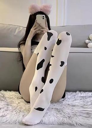Панчохи білі з чорними плямами cow print — жіночі еротичні панчохи з принтом корови, універсальний розмір, для косплею, фотосесій